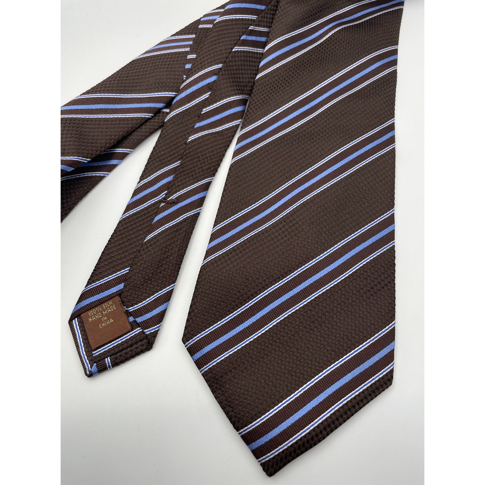 Tasso Elba Mens Silk Tie Brown Blue White Striped Textured Hand Made Necktie